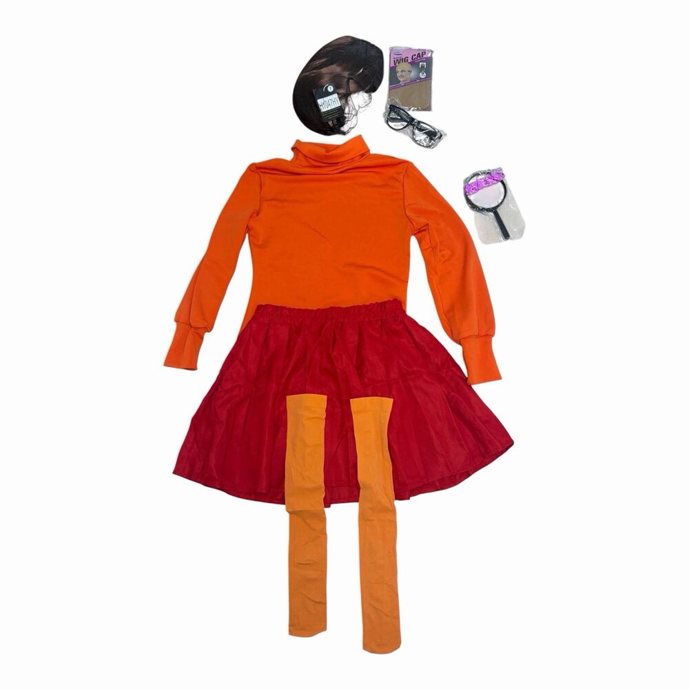 Women’s Velma Costume Size Small Orange Red Skirt Wig Glasses Socks Halloween